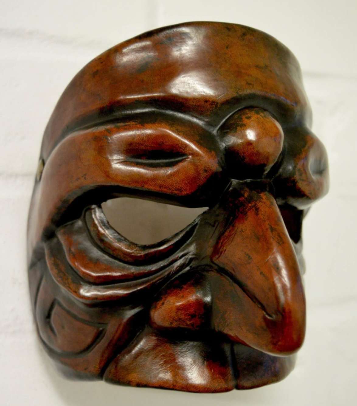 Brown Leather 'Prepostero' Commedia dell'Arte Theatre Mask Side View