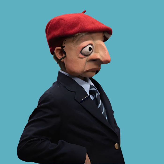 Masked character with a red beret and school uniform on a blue background.