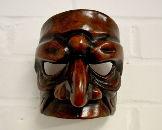 Brown Leather 'Prepostero' Commedia dell'Arte Theatre Mask Front View