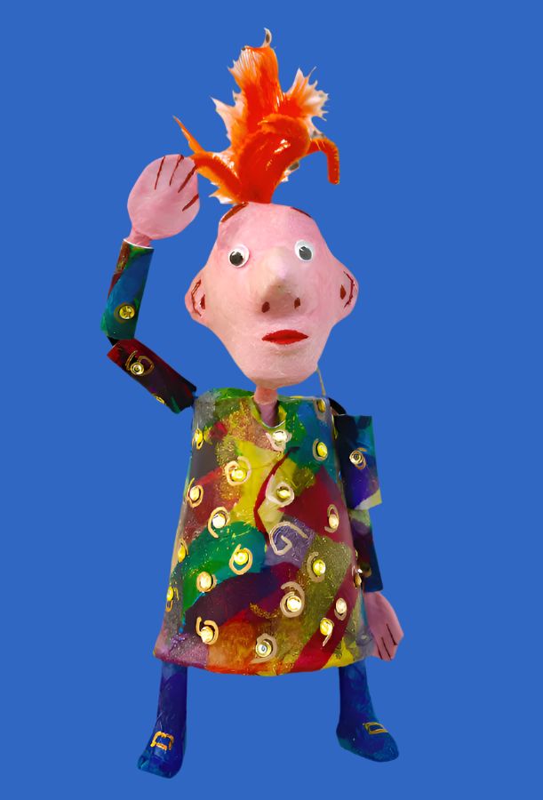 Colorful puppet with a vibrant outfit and orange hair against a blue background