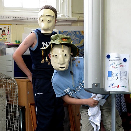 Two workshop students wearing their masks.