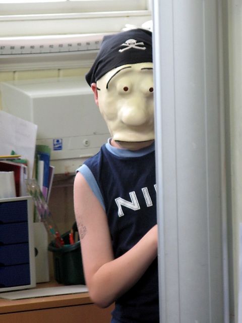 Workshop student with mask and pirate bandana.